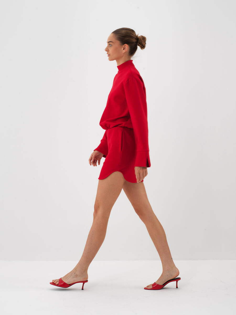 Kırmızı Pamuk Dokulu Oversize Elbise - 4