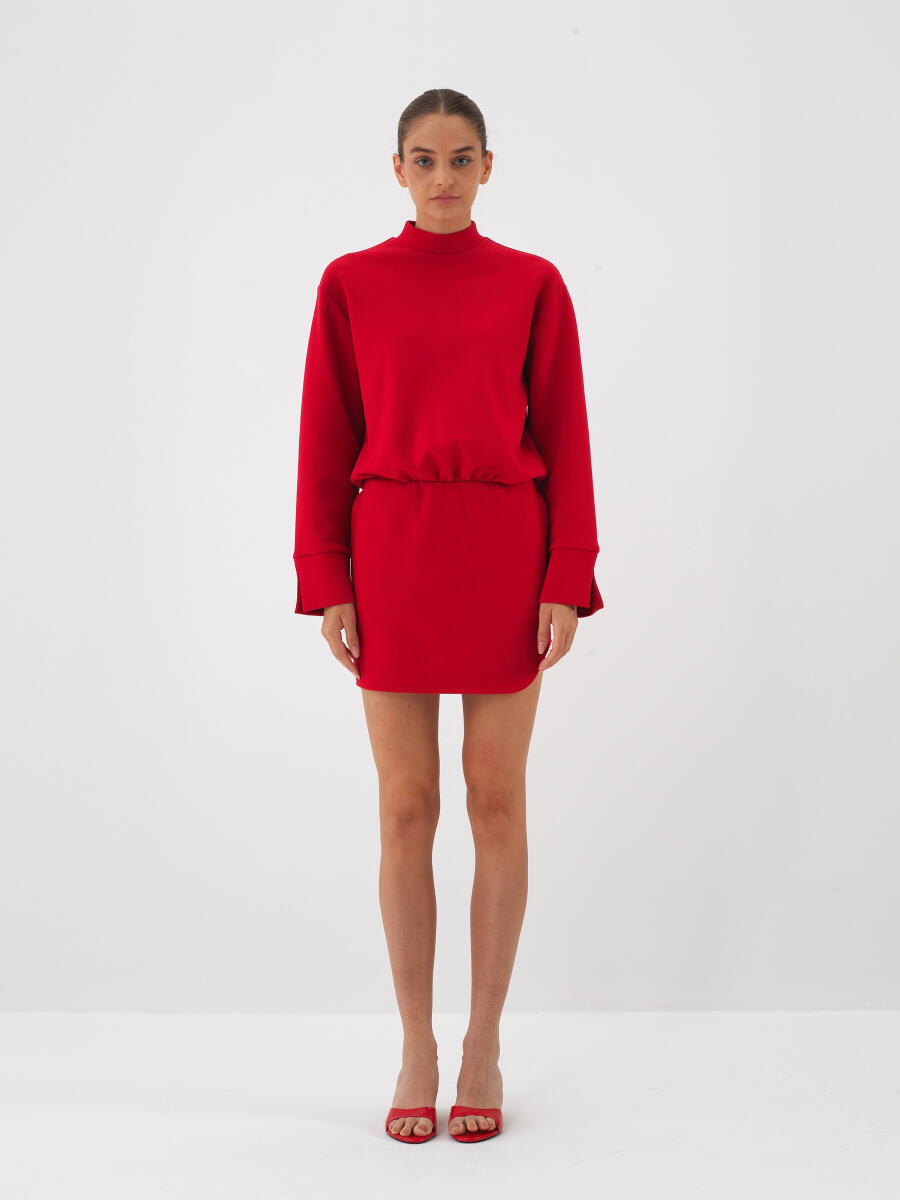 Kırmızı Pamuk Dokulu Oversize Elbise - 3