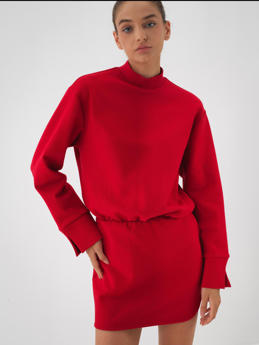 Kırmızı Pamuk Dokulu Oversize Elbise