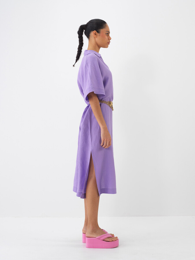 Lila %100 Keten Oversize Elbise (1)