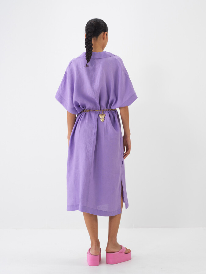 Lila %100 Keten Oversize Elbise (4)