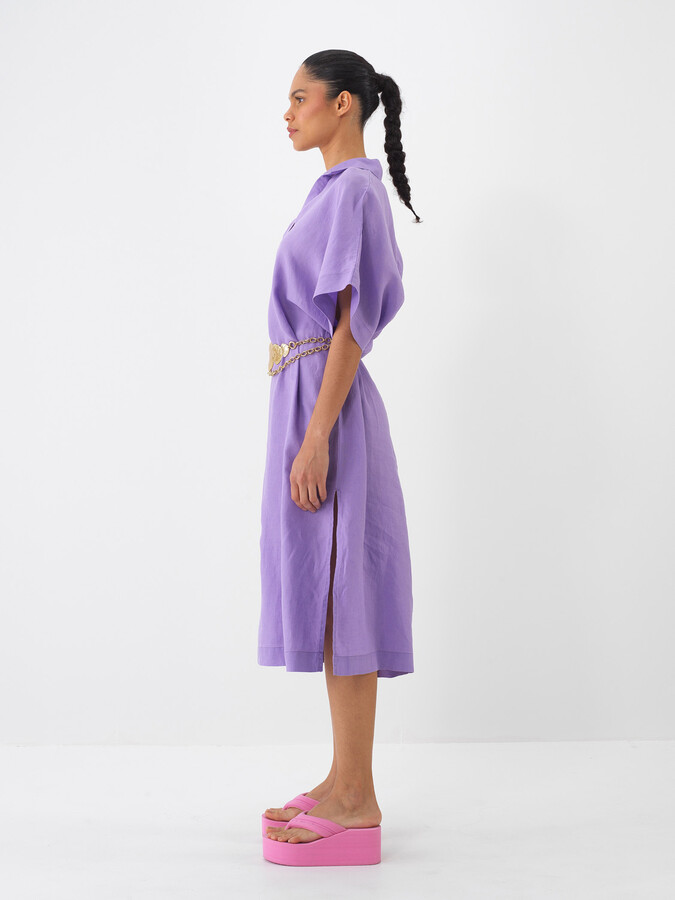 Lila %100 Keten Oversize Elbise (3)