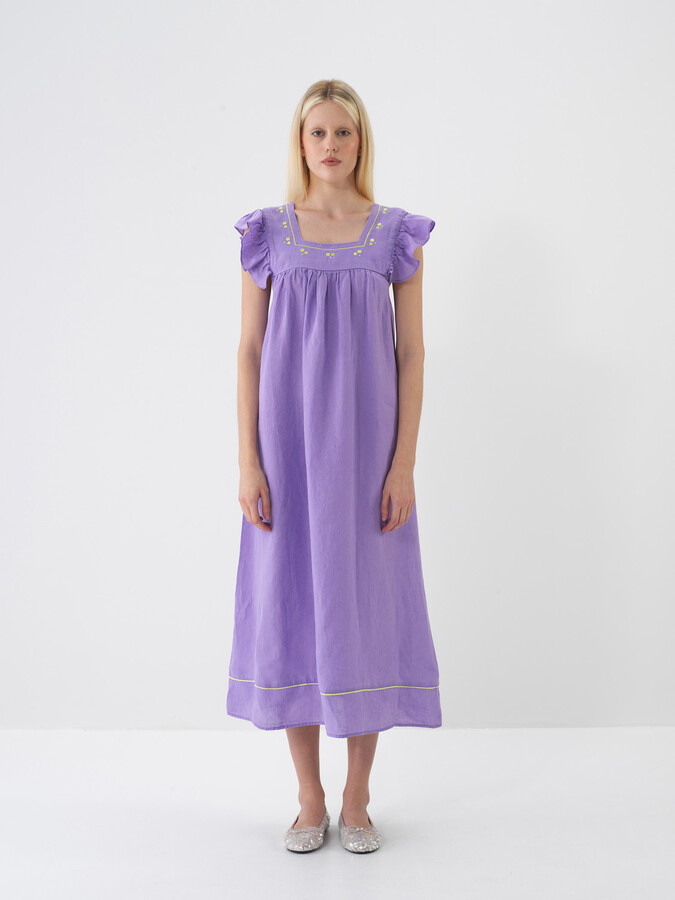 Lila %100 Keten Regular Fit Elbise