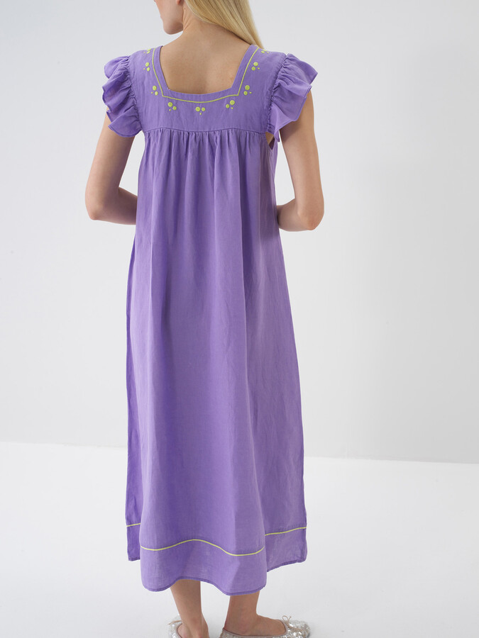 Lila %100 Keten Regular Fit Elbise (4)