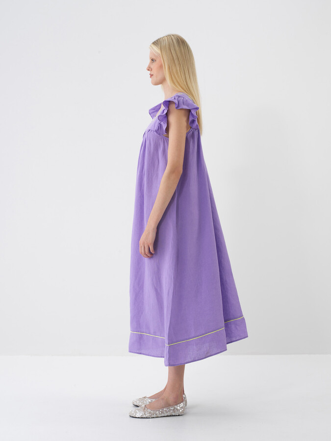 Lila %100 Keten Regular Fit Elbise (3)