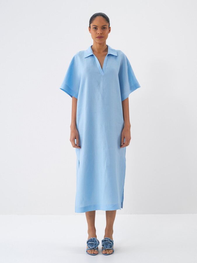 Mavi %100 Keten Oversize Elbise