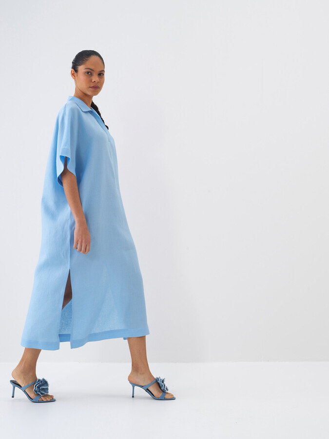 Mavi %100 Keten Oversize Elbise (1)