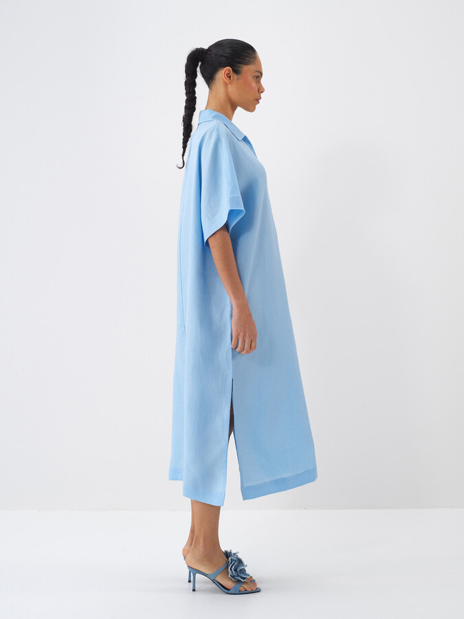 Mavi %100 Keten Oversize Elbise (4)