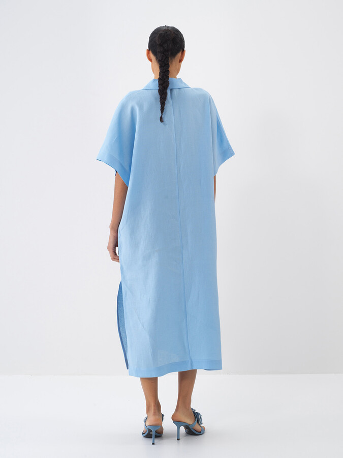 Mavi %100 Keten Oversize Elbise (5)