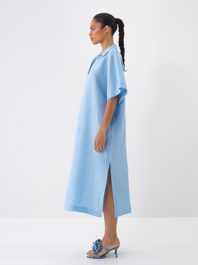 Mavi %100 Keten Oversize Elbise (3)