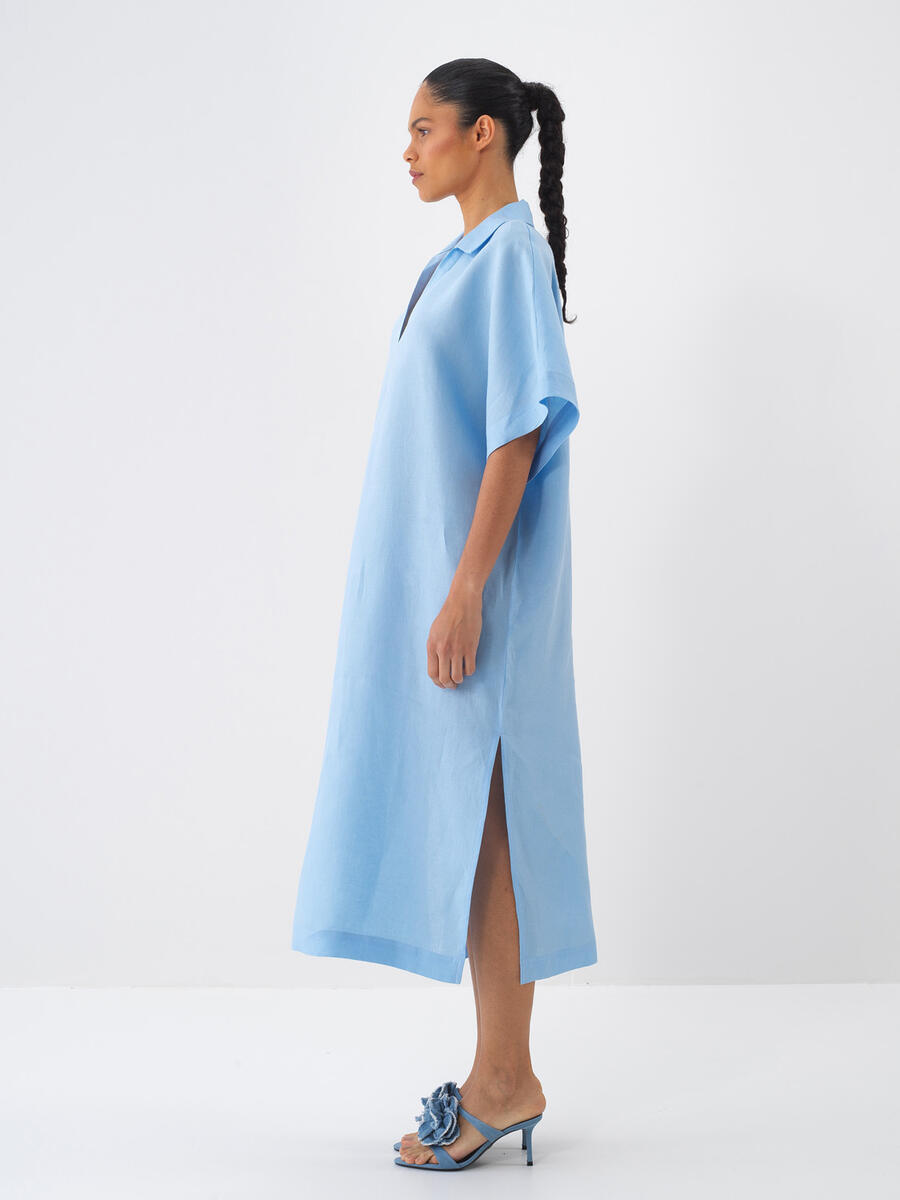 Mavi %100 Keten Oversize Elbise - 3