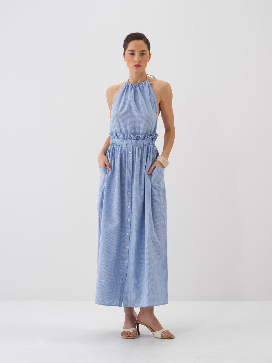 Mavi Keten Karışımlı Regular Fit Elbise - 4