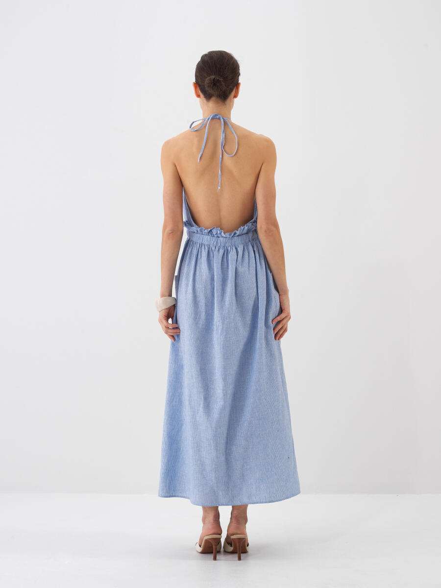 Mavi Keten Karışımlı Regular Fit Elbise - 3