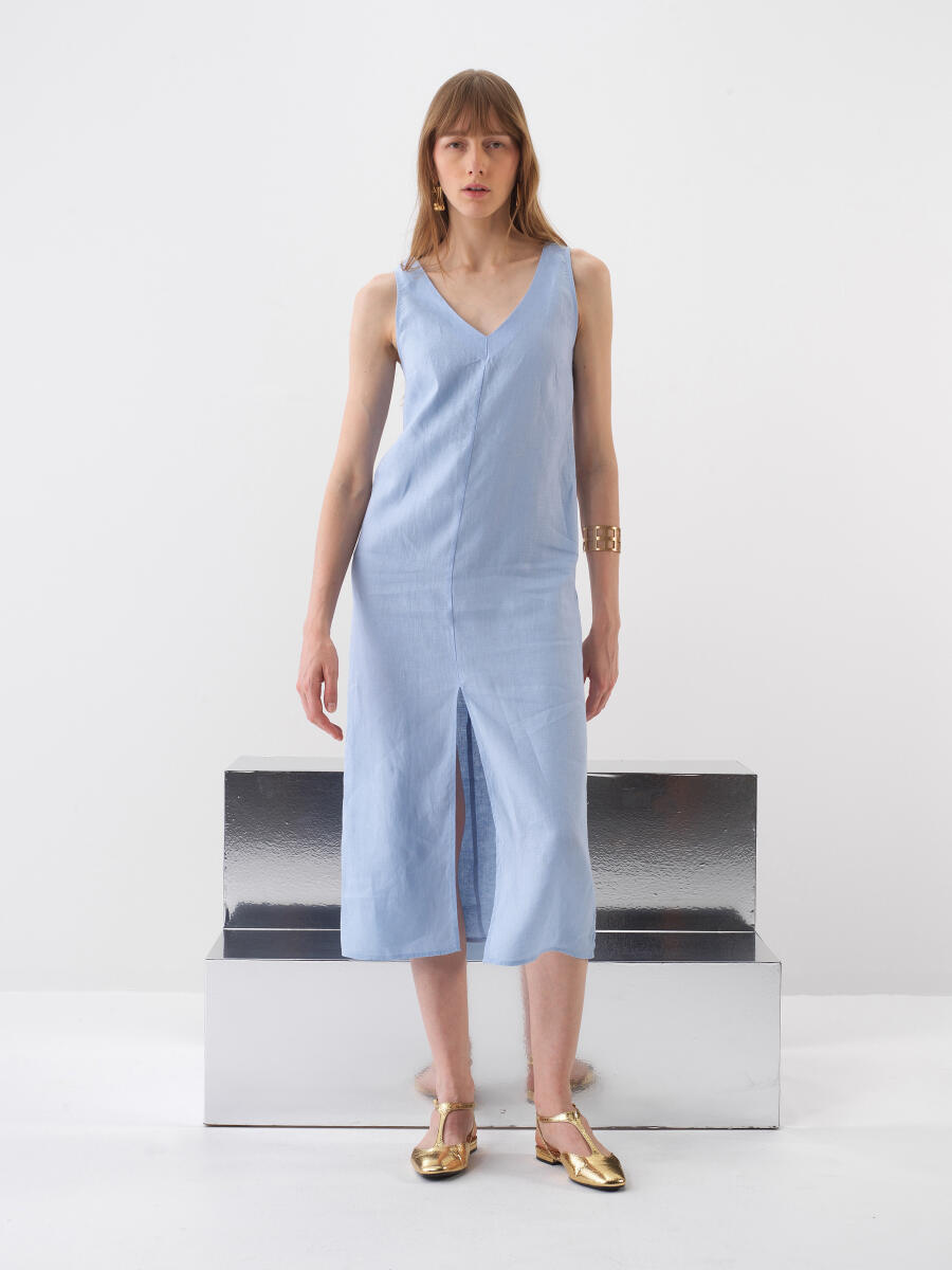 Mavi %100 Keten Regular Fit Elbise - 2