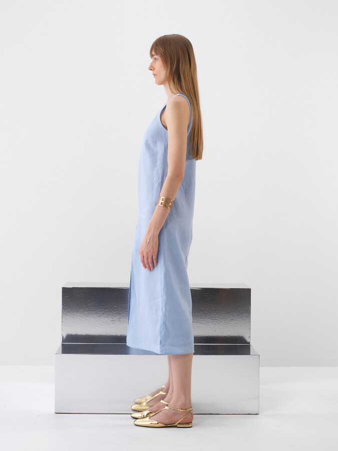 Mavi %100 Keten Regular Fit Elbise - 3