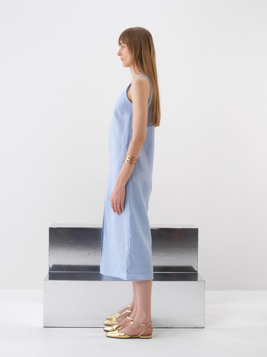 Mavi %100 Keten Regular Fit Elbise - 3