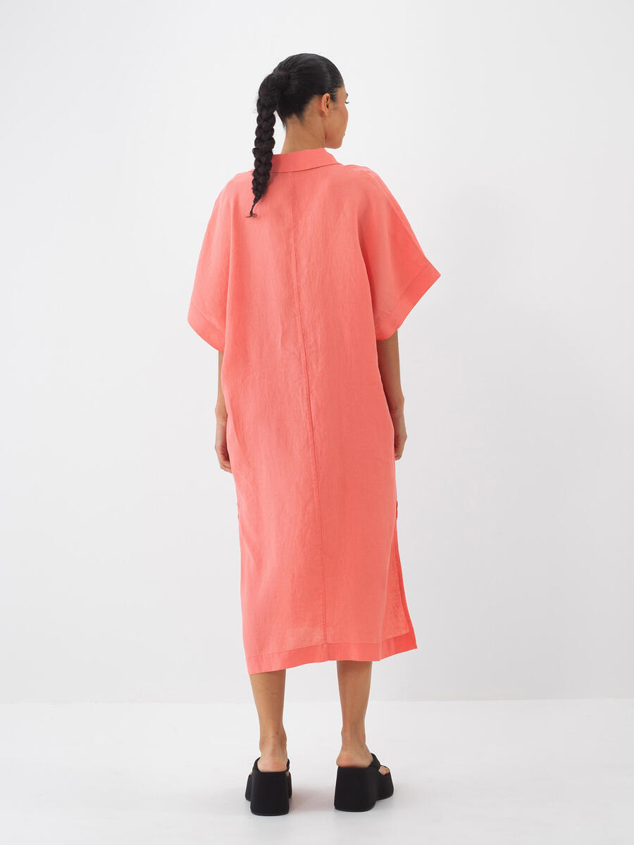 Nar Çiçeği %100 Keten Oversize Elbise - 4