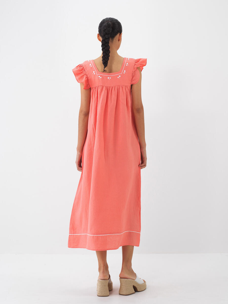 Nar Çiçeği %100 Keten Regular Fit Elbise - 4