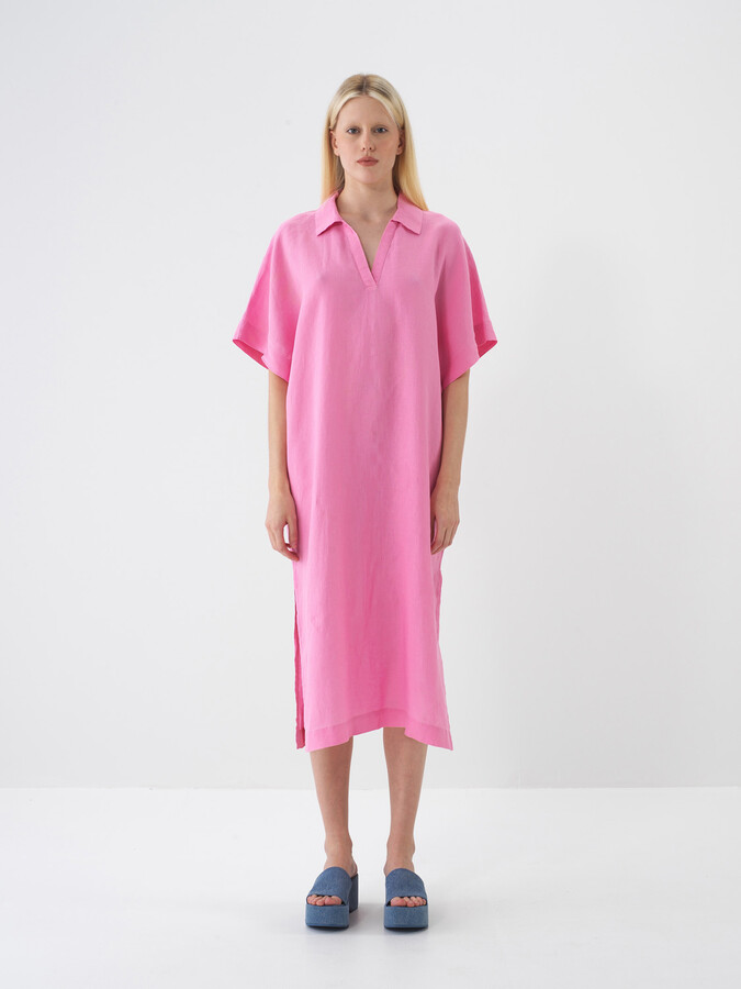 Pembe %100 Keten Oversize Elbise