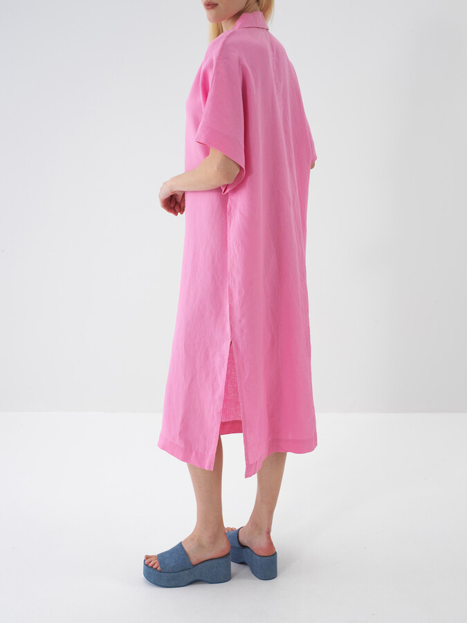 Pembe %100 Keten Oversize Elbise (4)