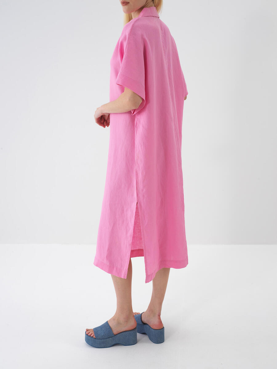 Pembe %100 Keten Oversize Elbise - 4