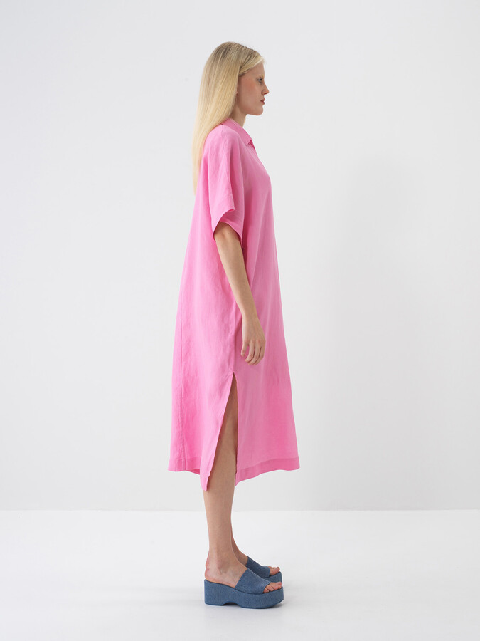 Pembe %100 Keten Oversize Elbise (1)
