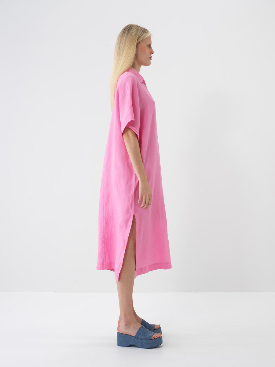 Pembe %100 Keten Oversize Elbise - 2