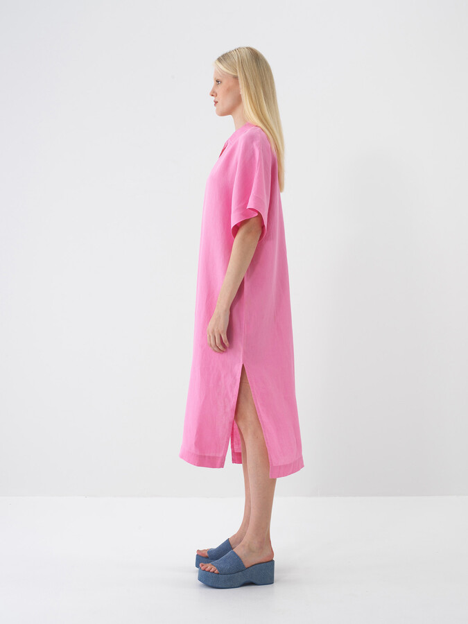Pembe %100 Keten Oversize Elbise (3)