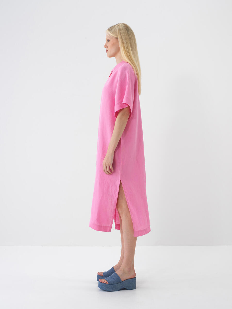 Pembe %100 Keten Oversize Elbise - 3