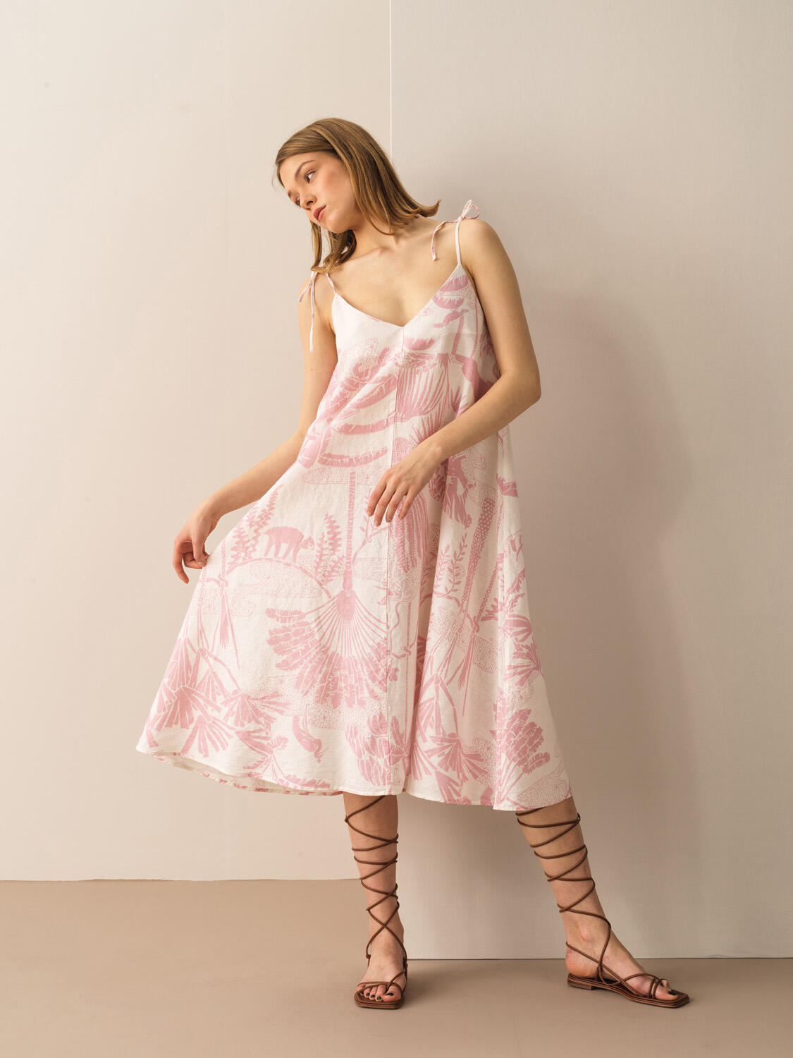 Pembe %100 Keten Regular Fit Elbise
