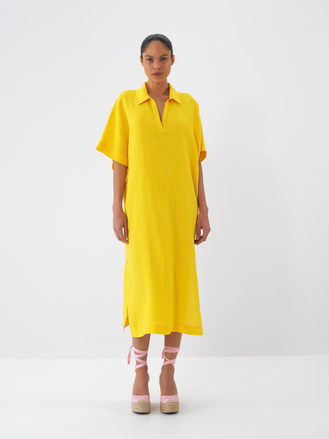 Sarı %100 Keten Oversize Elbise