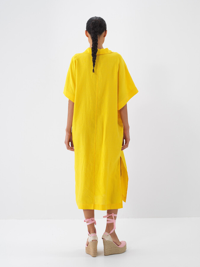 Sarı %100 Keten Oversize Elbise (4)