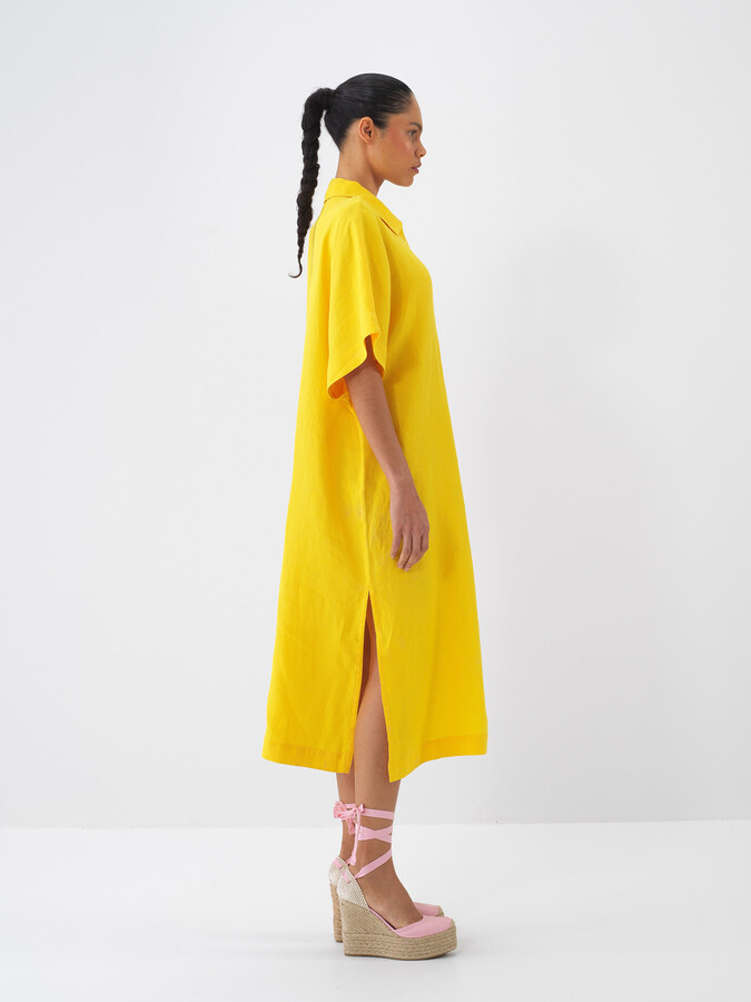 Sarı %100 Keten Oversize Elbise (2)