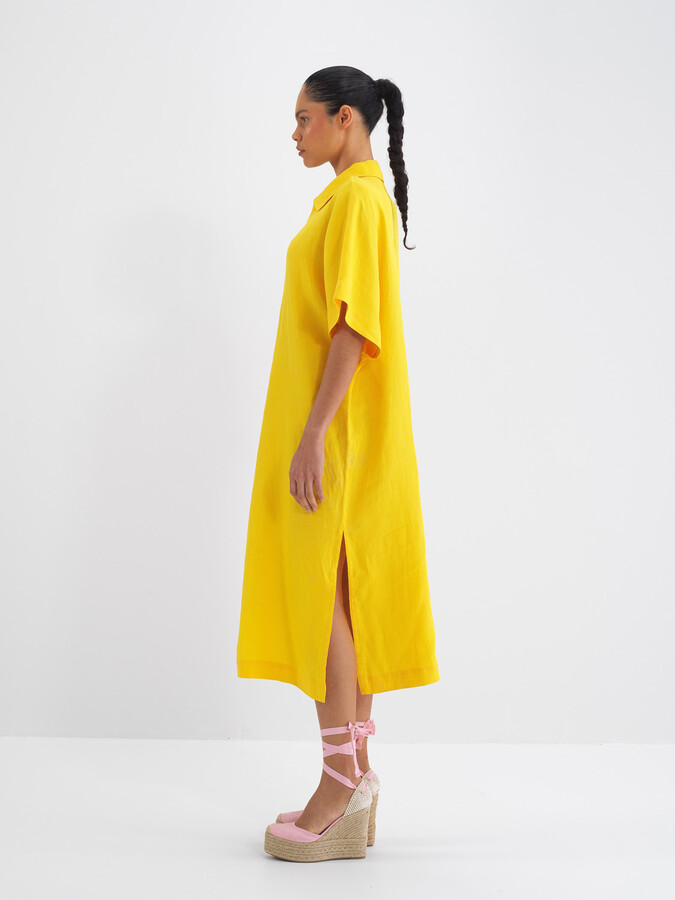Sarı %100 Keten Oversize Elbise (3)