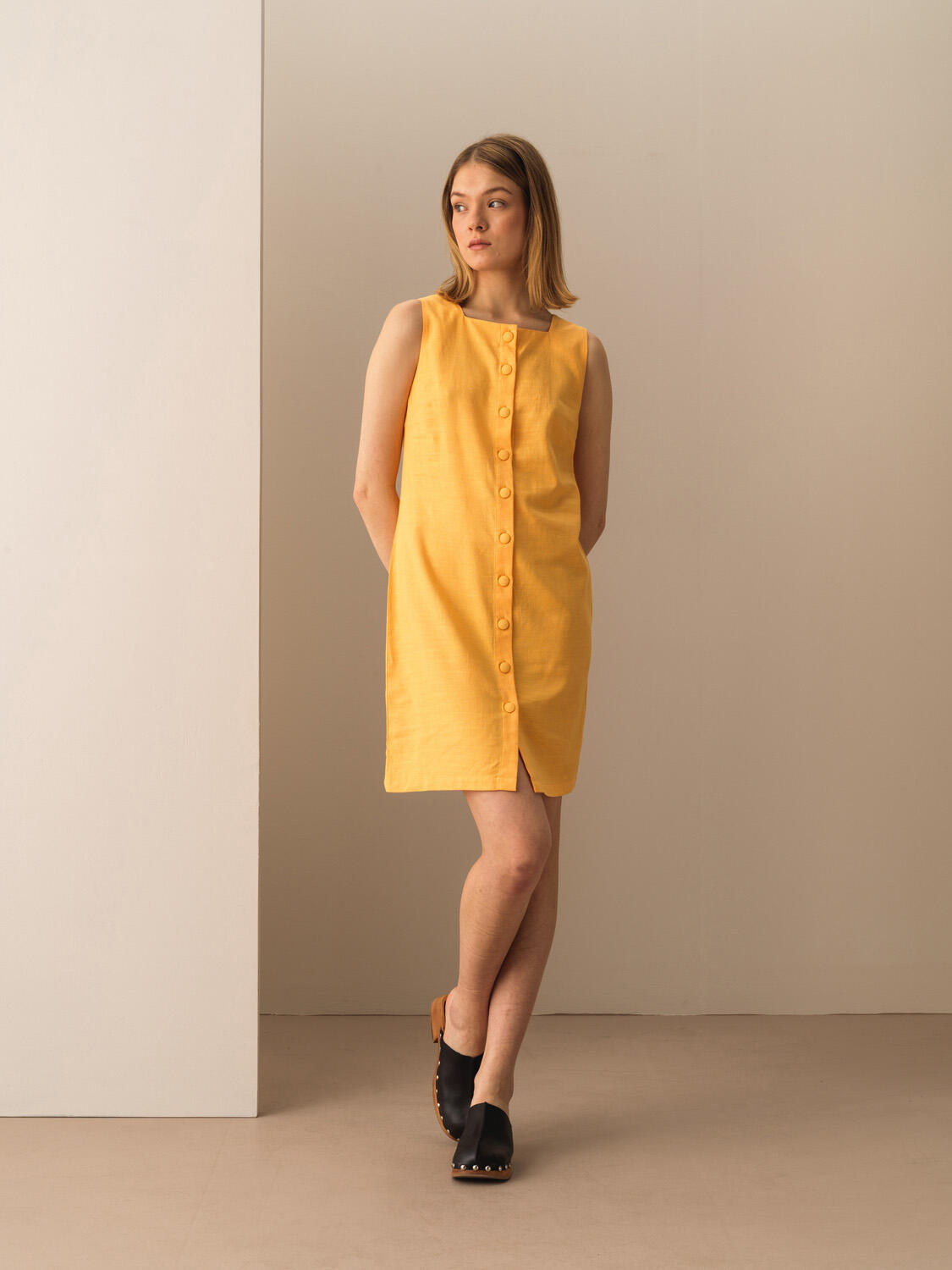 Sarı Keten Karışımlı Regular Fit Elbise
