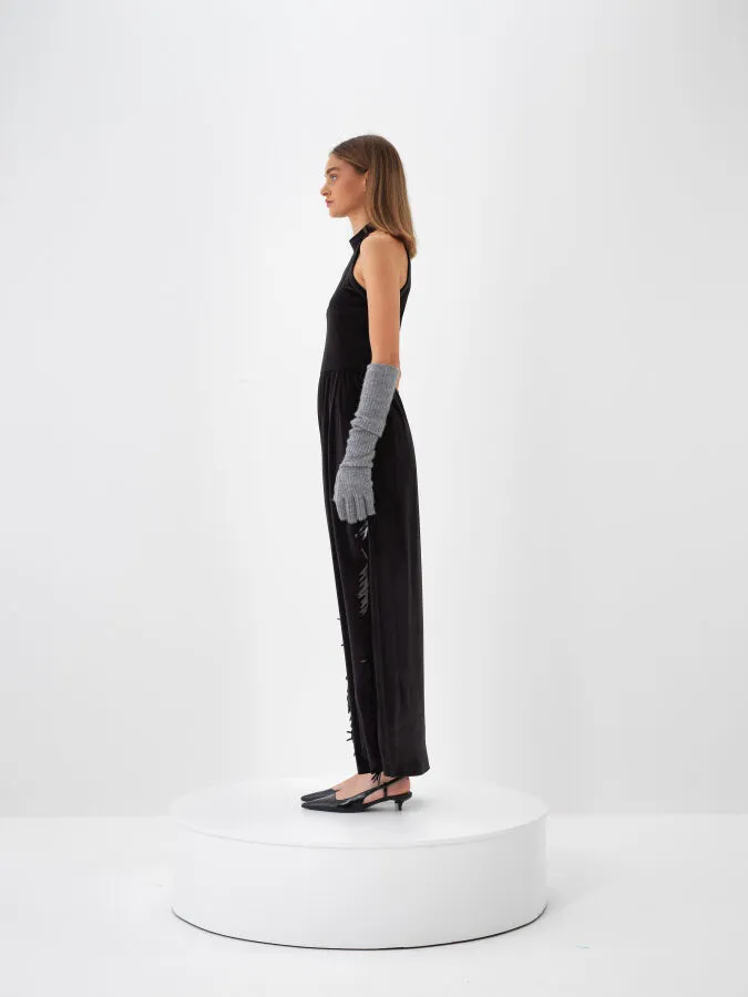 Siyah Lüks Dokulu Soft Kadife Oversize Elbise - Xint