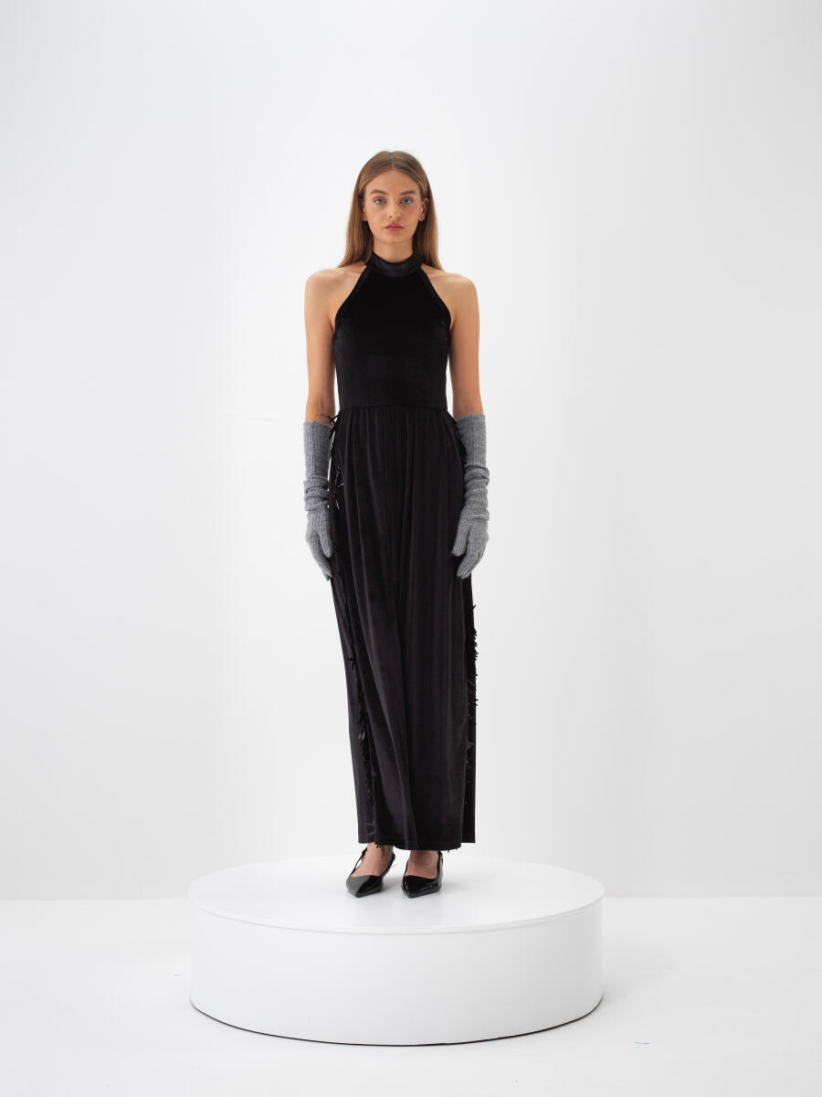 Siyah Lüks Dokulu Soft Kadife Oversize Elbise - 2