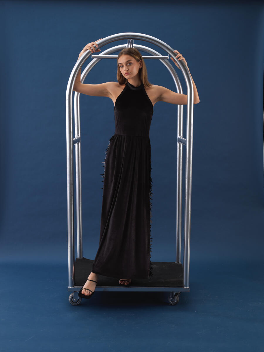 Siyah Lüks Dokulu Soft Kadife Oversize Elbise