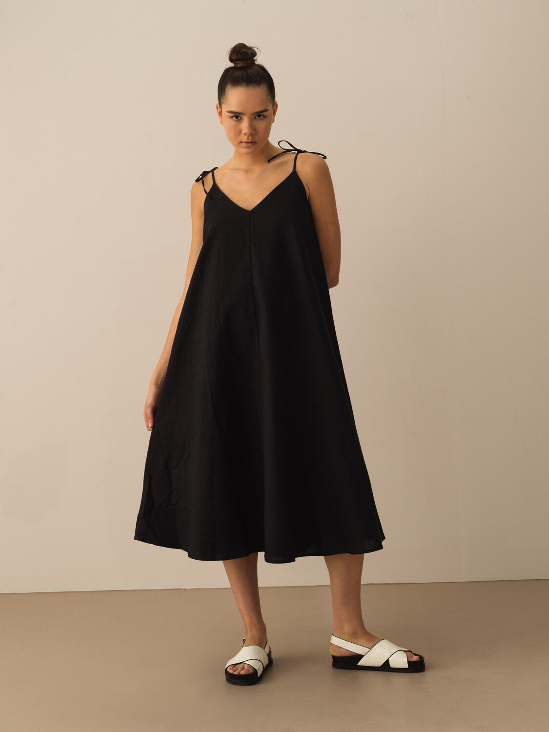 Siyah %100 Keten Oversize Elbise