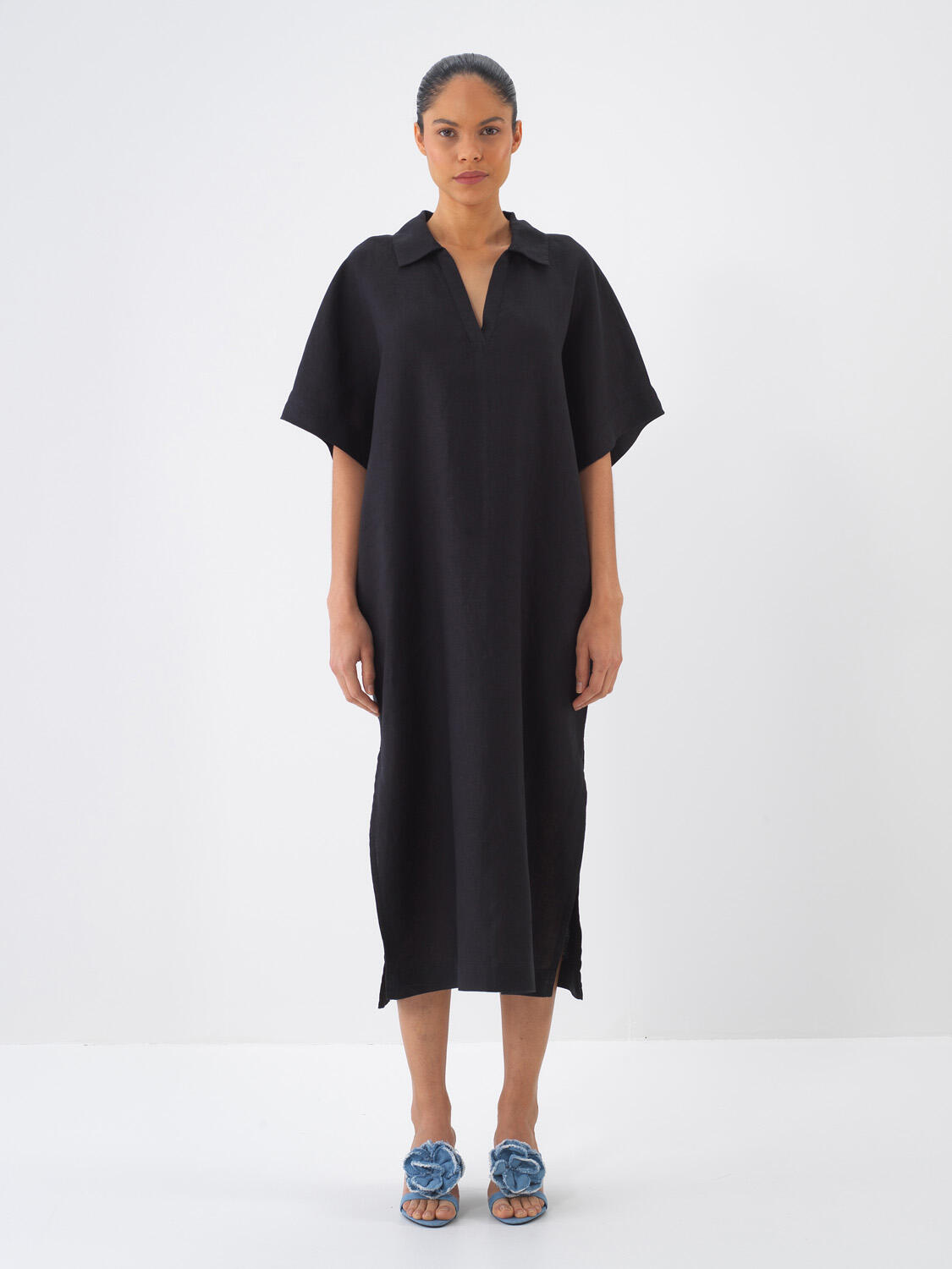 Siyah %100 Keten Oversize Elbise