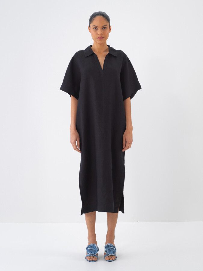 Siyah %100 Keten Oversize Elbise