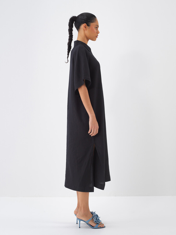 Siyah %100 Keten Oversize Elbise (2)