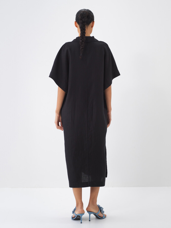 Siyah %100 Keten Oversize Elbise (4)