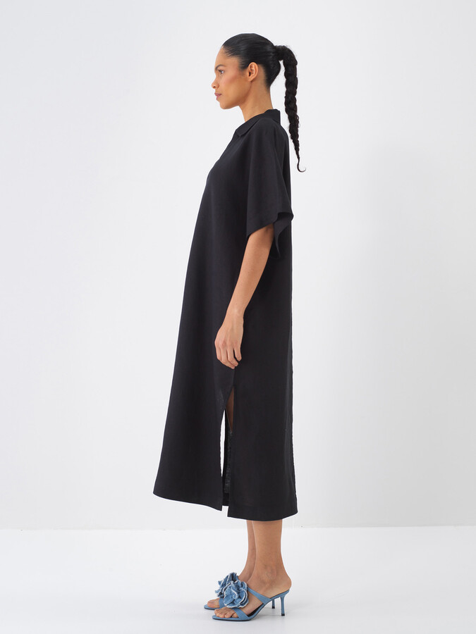 Siyah %100 Keten Oversize Elbise (3)