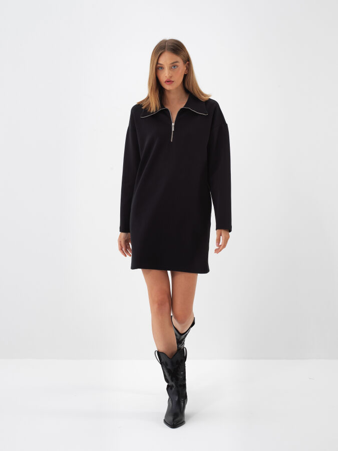 Siyah Pamuk Dokulu Oversize Elbise - Xint