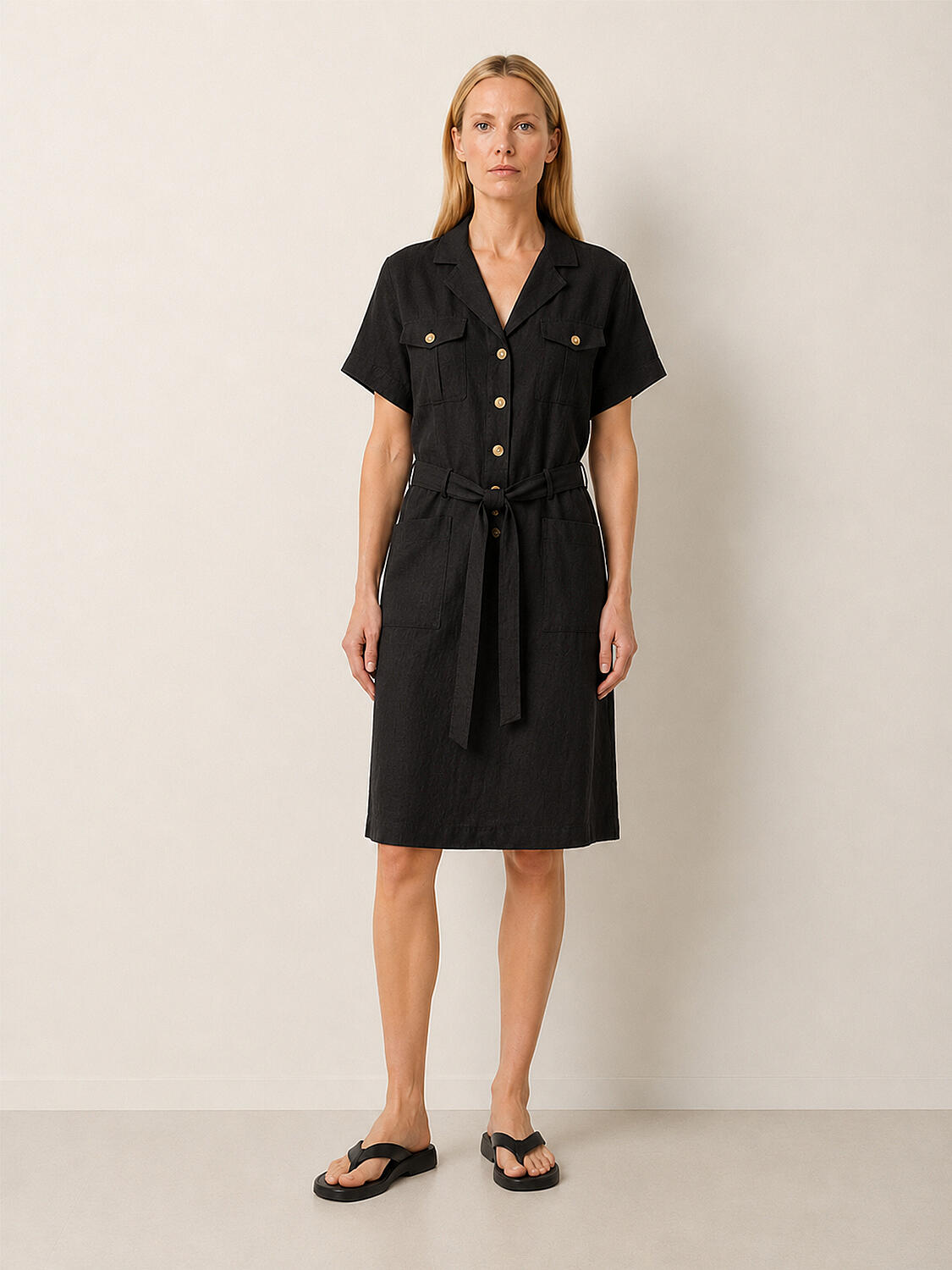 Siyah %100 Keten Regular Fit Elbise - 2
