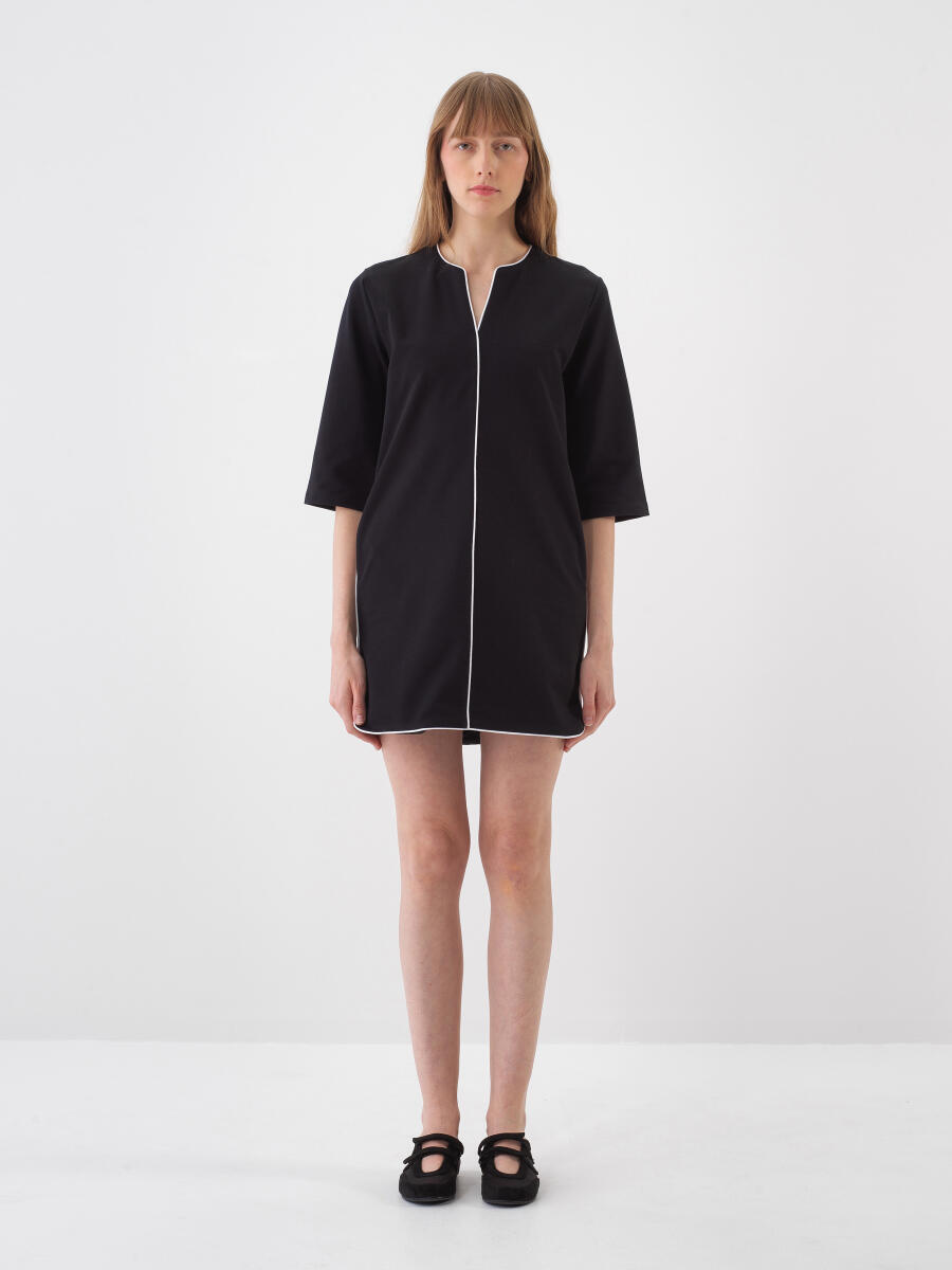 Siyah Pamuk Dokulu Regular Fit Elbise - 1