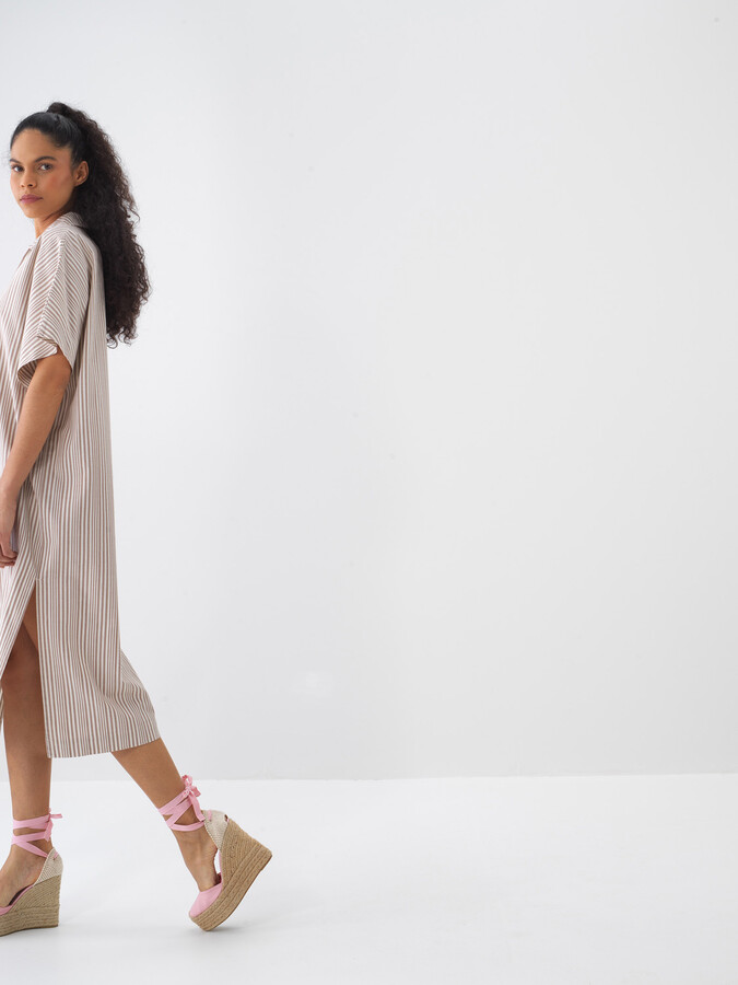 Taş Rengi Keten Karışımlı Oversize Elbise (6)