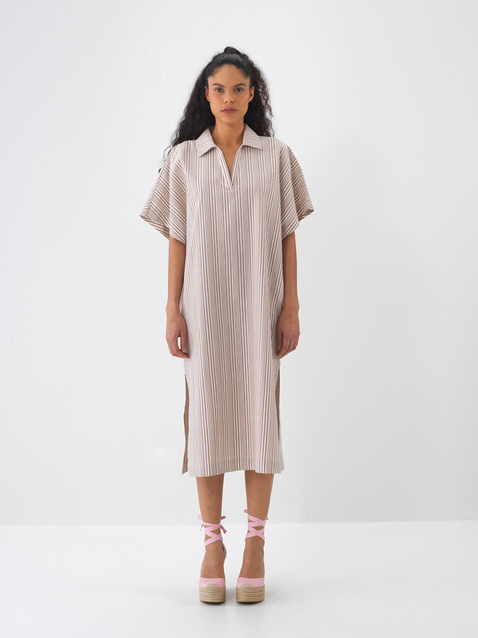 Taş Rengi Keten Karışımlı Oversize Elbise (5)