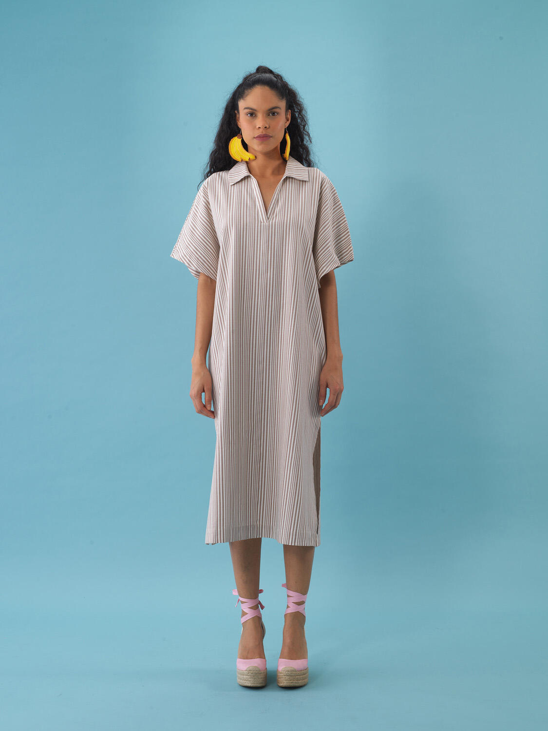 Taş Rengi Keten Karışımlı Oversize Elbise
